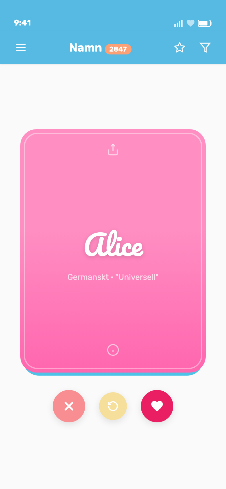 Swipe door babynamen - stem op namen door naar rechts te swipen voor leuk of naar links voor overslaan